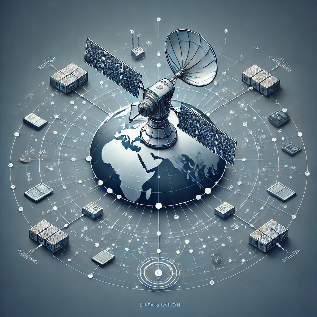 Esta ilustración es perfecta para explicar cómo los servidores centralizados y descentralizados se conectan a través de satélites, con enlaces a estaciones terrestres y usuarios remotos.